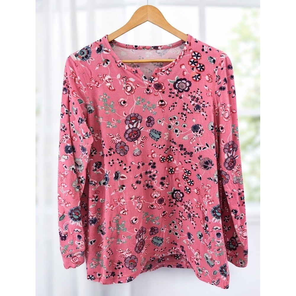 T By Talbots Popover T-Shirt Split V-Neck Pink Floral‎ Cotton Modal Knit Size M